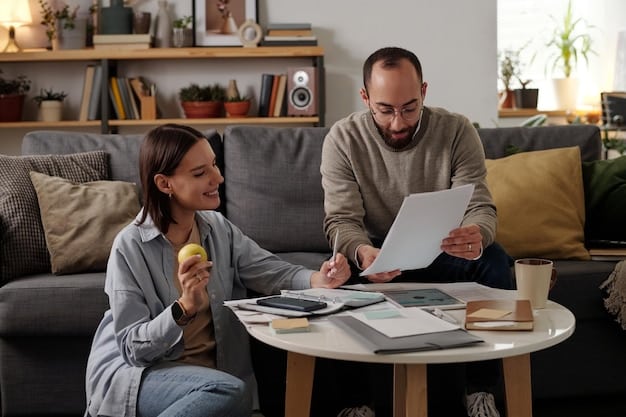 A family sitting around a table, reviewing their household budget and financial documents, with a calculator and bills visible.