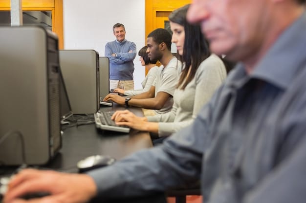 A group of people participating in a job training workshop, focused on learning new computer skills and resume writing, with an instructor guiding them.