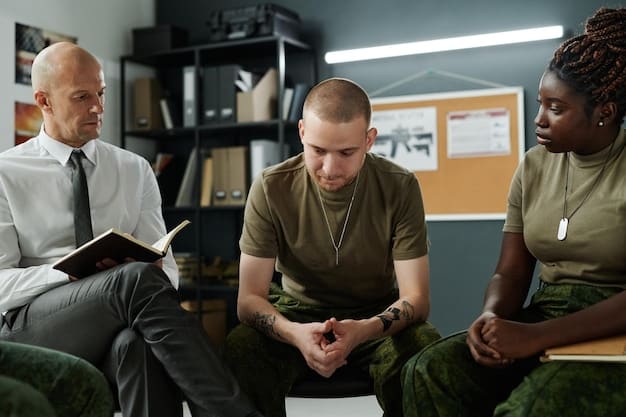A diverse group of veterans participating in a group therapy session, facilitated by a mental health professional in a modern, comfortable setting.
