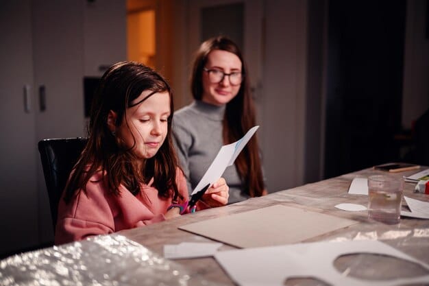 A single mother sitting at a table reviewing paperwork, with her young child playing nearby. The scene is set in a modest apartment, focusing on challenges faced by single-parent families.