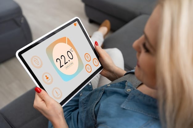 A close-up of a smart thermostat displaying energy usage and temperature settings, highlighting the energy-saving benefits of smart home devices.