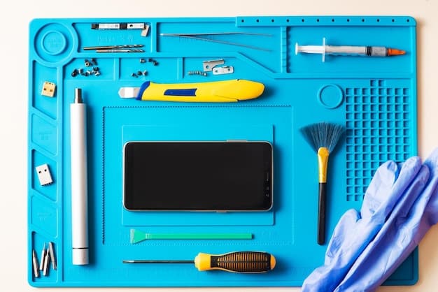 A detailed close-up shot of various tools and components used in smartphone repair, such as screwdrivers, screens, and circuit boards, set against a clean, organized repair workbench.