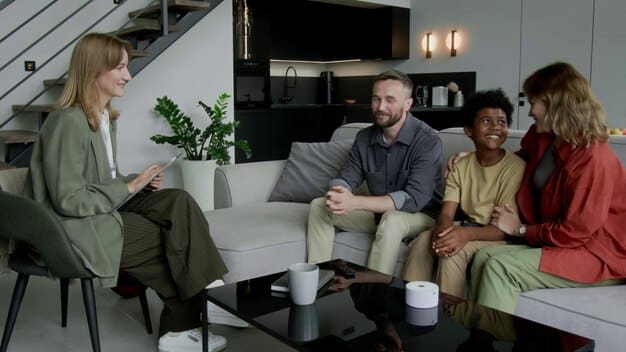 A family gathered in their living room, interacting with a smart speaker. The scene showcases the convenience and integration of smart home technology within a connected family life.