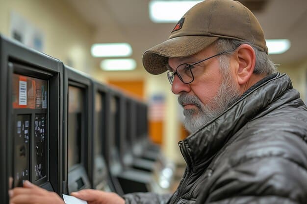 A close-up shot of someone inspecting the ports and connections on the back of a used desktop computer at a government surplus auction.
