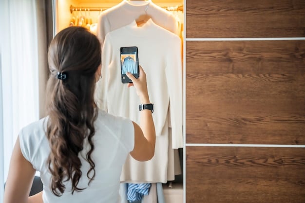 A person using a smartphone app to manage and track the contents of their closet, showcasing the integration of smart home technology for organization.