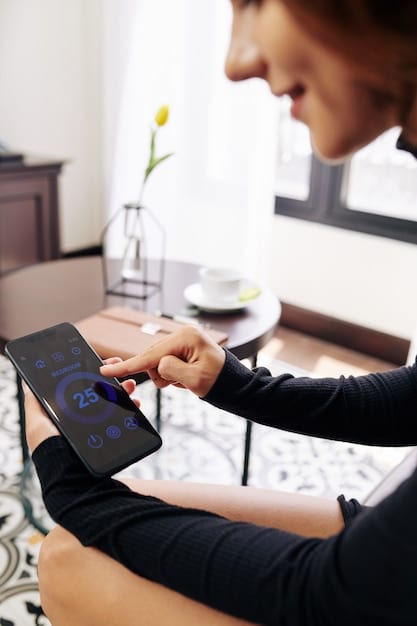 A close-up shot of a smart thermostat being adjusted, highlighting the digital display and intuitive controls. Focus on the ease of use and integration with other smart home devices.