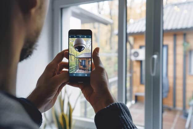A person using a smartphone to remotely view a live feed from a smart security camera installed at their front door, highlighting the ease of monitoring and control.