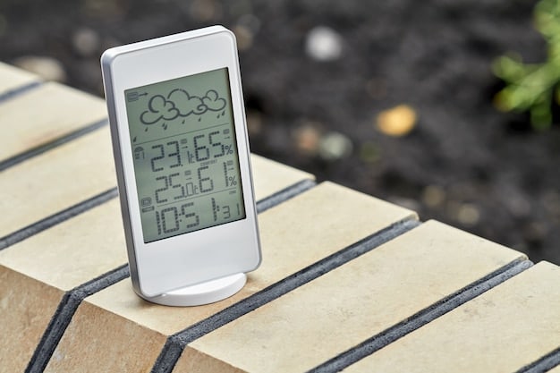 A smart irrigation controller mounted on a wall, with a clear display showing current weather conditions and upcoming watering schedules. The controller is connected to a Wi-Fi network and displays a mobile app notification indicating a watering adjustment.