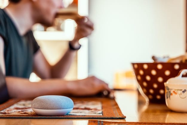 An image of a person interacting with a Google Home smart speaker, displaying the Google Assistant interface and showcasing its ability to answer questions and provide information. The surrounding environment is a modern kitchen.