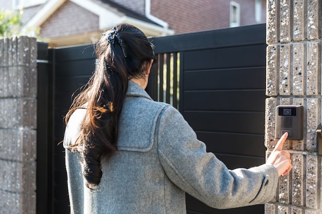 A smart doorbell installed next to a front door. The camera is angled to capture a clear view of the entryway. The image conveys a sense of security and convenience, highlighting the ability to see and speak to visitors remotely.