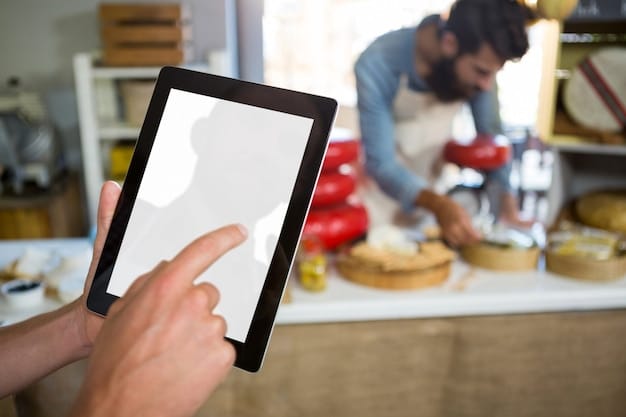 A person using a smart display to follow a recipe in their kitchen, with various smart appliances visible in the background.