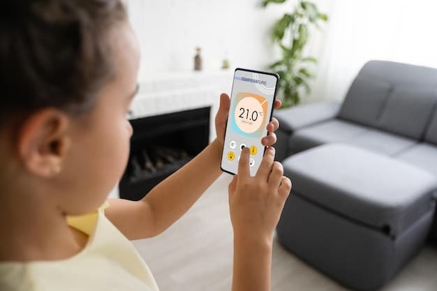 A close-up shot of a smart thermostat being adjusted via a smartphone app, showcasing the ease of remote control and the intuitive user interface.