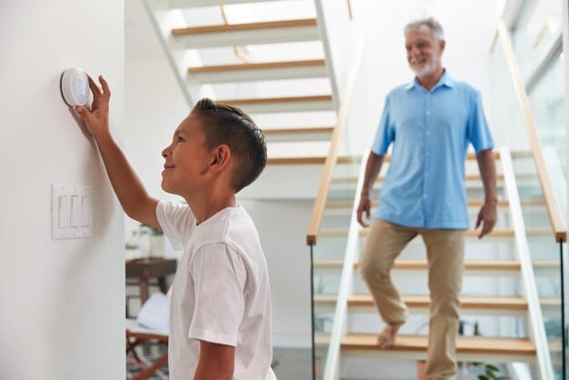 A family safely evacuating their home during a fire drill, guided by smart lights activated by a smart smoke detector.