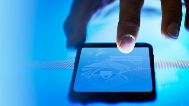A close-up of a smartphone with a security app displayed on the screen. The app shows a list of connected devices and their security status, highlighting potential vulnerabilities.