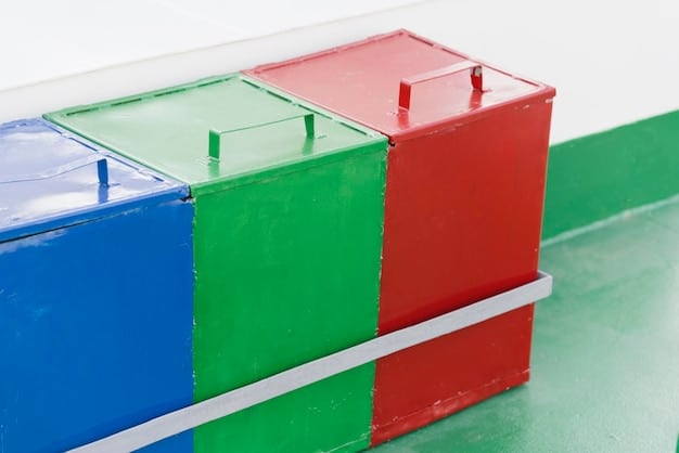 A close-up of a smart recycling bin with various compartments for different types of recyclables, such as paper, plastic, and glass. The bin has a digital display showing fill levels.