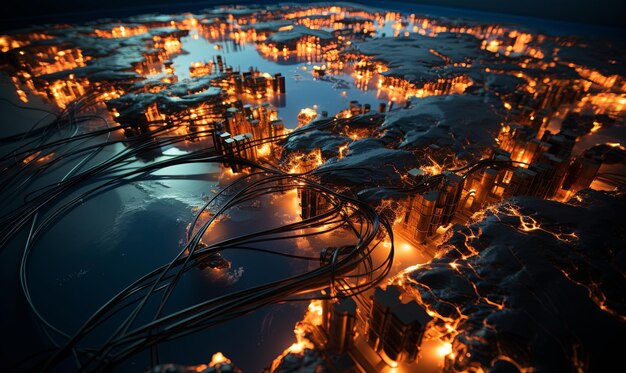 A digital representation of connected critical infrastructure systems (e.g., power lines, water pipes, transportation routes) overlaid with red alarm signals and a network of cyber threats.