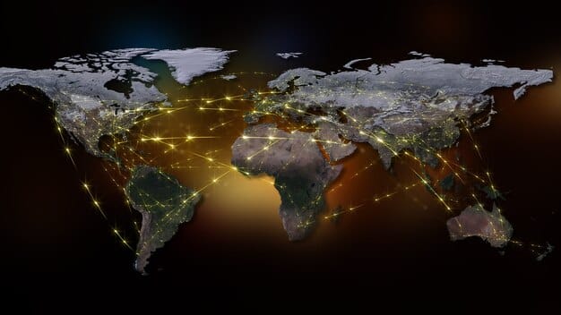 A world map shown as a digital network, with interconnected points of light representing collaboration between countries on cybersecurity, symbolizing international cooperation.