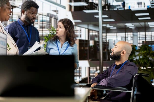 A diverse group of policymakers and tech experts in a modern meeting room, engaged in a serious discussion, with charts and graphs on digital screens in the background illustrating complex data. The atmosphere is collaborative and focused.