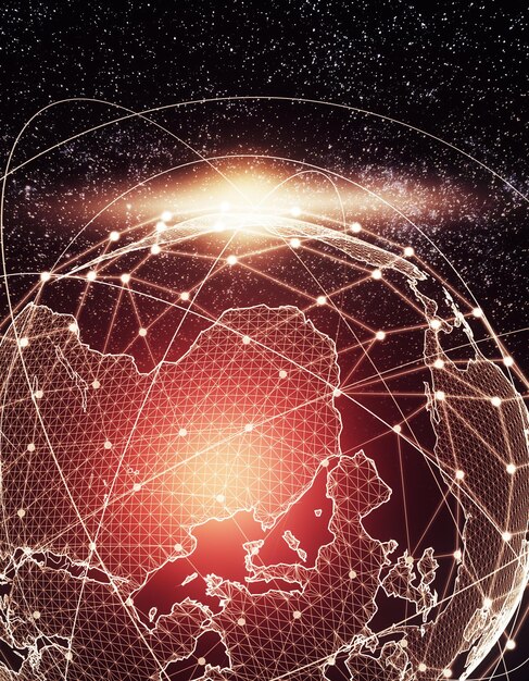 A stylized globe showing interconnected digital lines and data streams, with flags of various countries subtly blended in, representing global collaboration on technology and policy. The image evokes a sense of unity and shared purpose.