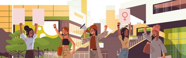 A diverse group of people from different backgrounds engaged in a community garden, symbolizing environmental justice and collective action, with urban buildings in the background.