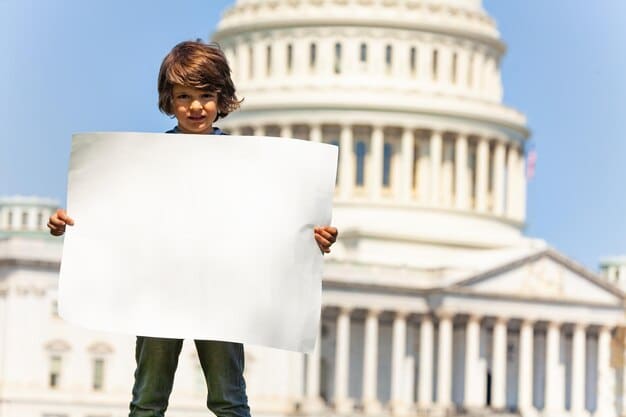 A diverse group of people holding signs with healthcare slogans, protesting or advocating, with a Capitol building facade in the blurred background.