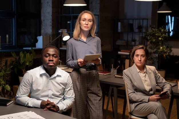 A diverse group of worried corporate executives sitting around a dark conference table, their faces illuminated by screens, discussing legal documents, symbolizing the internal impact of a federal investigation on a company.