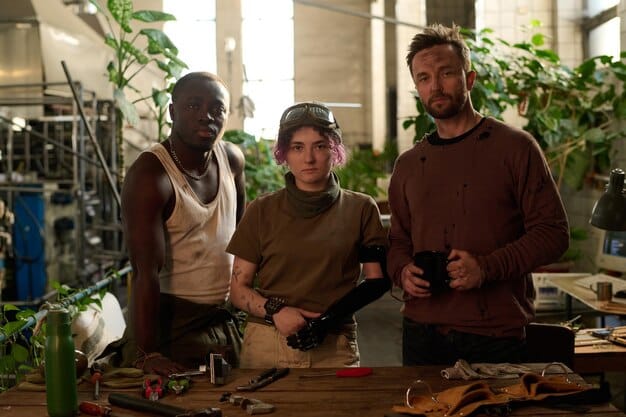 A diverse group of people from different industries (manufacturing, tech, services), symbolizing the collective impact of trade on the workforce. Collaborative feel.