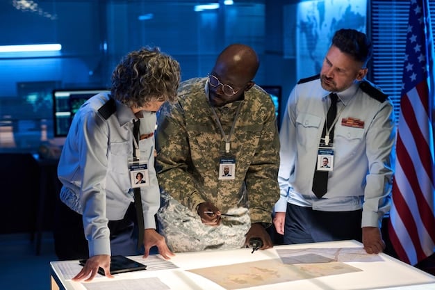 High-ranking military officials from the US and an allied nation observing a joint exercise from a command center, surrounded by digital displays and strategic maps, symbolizing leadership and coordinated efforts.