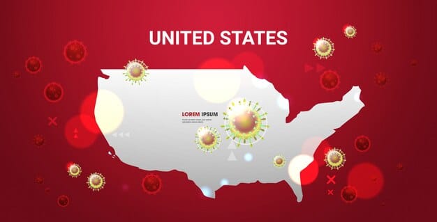 A map of the United States with specific states highlighted in red, indicating a growing contagious disease outbreak, with icons representing medical facilities and emergency services.
