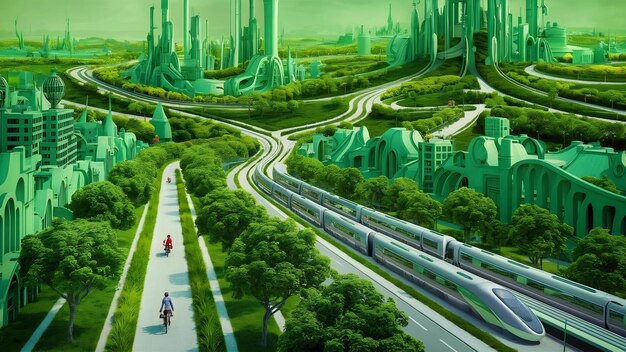 An artistic rendering of a futuristic smart city with integrated green spaces, elevated public transport, and renewable energy sources, symbolizing sustainable infrastructure.