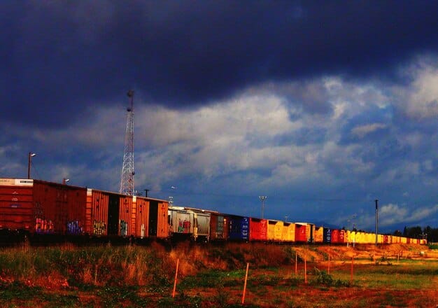 A chaotic scene with shipping containers, disrupted railway lines, and signs pointing to different countries, symbolizing global supply chain disruptions due to international tensions.