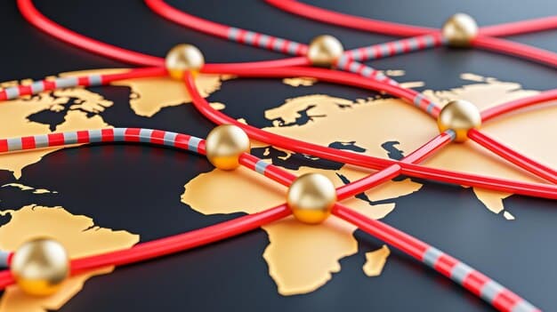 A detailed map of global trade routes with some lines highlighted in red and broken, indicating disruption and redirection, reflecting the economic impact of international diplomatic tensions.