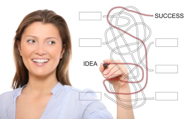 A person sketching a mind map or career roadmap, with various possible paths and skills highlighted, symbolizing strategic planning for a career pivot.