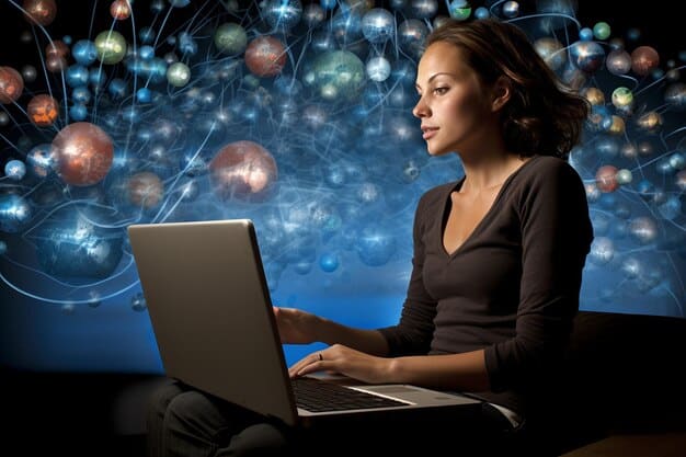 A person typing on a laptop, surrounded by glowing thought bubbles and digital representations of articles, blog posts, and research papers, symbolizing content creation and intellectual output.