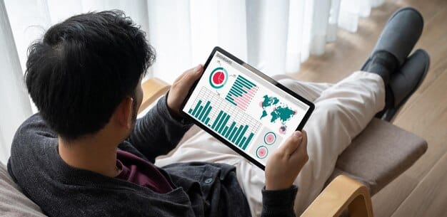 A person looking at a digital dashboard with various charts and graphs, representing analytics and performance metrics for a personal brand, with a magnifying glass over one of the graphs, symbolizing analysis and optimization.