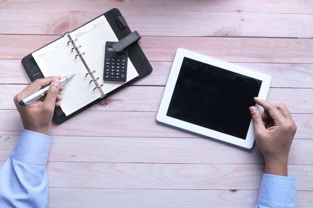 A person's hand using a stylus on a digital tablet with a sophisticated productivity app open, showing calendar, to-do lists, and project progress.