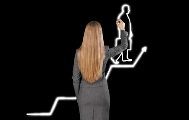 A person thoughtfully reflecting on a career path chart, depicting growth and various achievements, symbolizing long-term planning and sustained success.