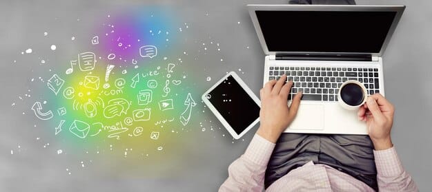 A person's hands typing on a laptop, surrounded by glowing digital connections and various social media icons, symbolizing effective online networking for career opportunities.