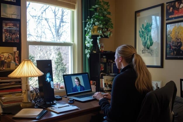 A person working remotely in a home office, participating in a video conference with multiple colleagues, showcasing the challenges and tools for effective remote communication.