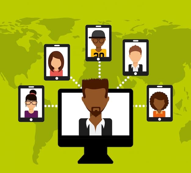 A diverse group of professionals networking at a virtual event, with lines connecting different profiles on a screen, symbolizing LinkedIn's AI-powered networking suggestions.