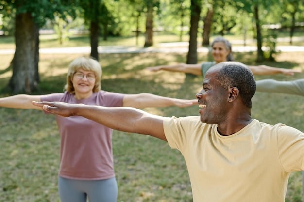 A diverse group of seniors participating in a light fitness class outdoors, demonstrating wellness and community. The scene is bright and friendly, appealing to an active senior demographic.