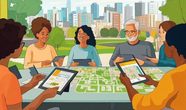 A diverse group of people, including families and seniors, looking at a digital map of a city with pins indicating various affordable housing developments and community resources.