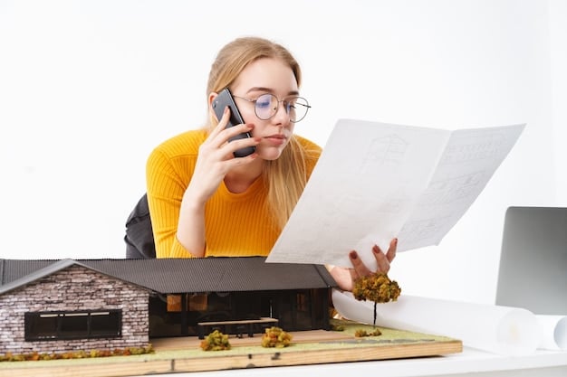 A person sitting at a desk surrounded by documents, meticulously filling out an application form for housing assistance, with a magnifying glass over some text for detail.