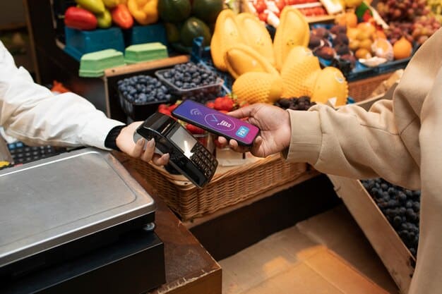 A close-up shot of an EBT card being swiped at a grocery store checkout, with hands holding the card and a selection of fresh produce visible in the background, symbolizing easy access to food.