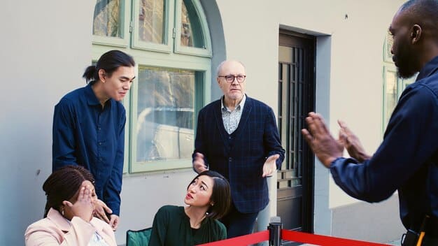 A diverse group of people, appearing calm and hopeful, interacting with a friendly government official at a community assistance center. There are clear signs indicating 
