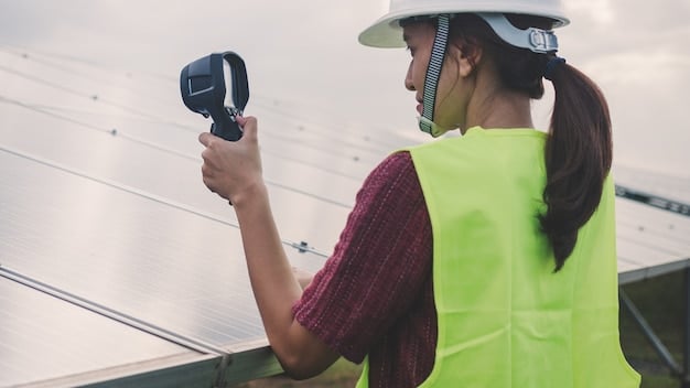 A close-up shot of a solar panel installation team working on a residential rooftop, highlighting safety gear and modern equipment, implying efficiency and professional execution.