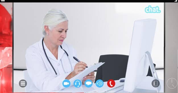 A doctor in a white coat calmly explaining something to a patient on a video call, both looking engaged and comfortable, with medical charts and a stethoscope subtly visible in the background, symbolizing professional remote care.
