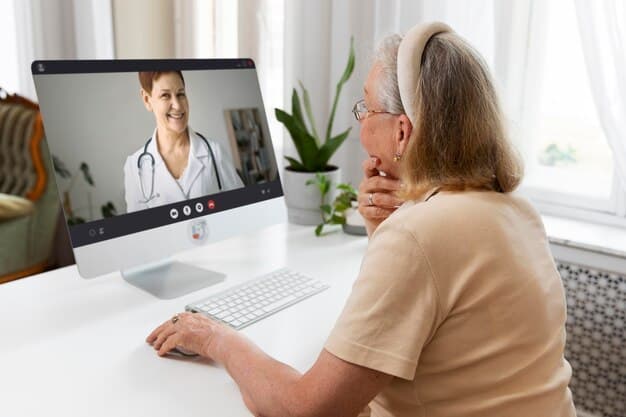 A senior patient patiently being guided by a healthcare professional through a telehealth session on a tablet, with the professional demonstrating clear instructions, symbolizing efforts to bridge the digital divide for older adults in healthcare.