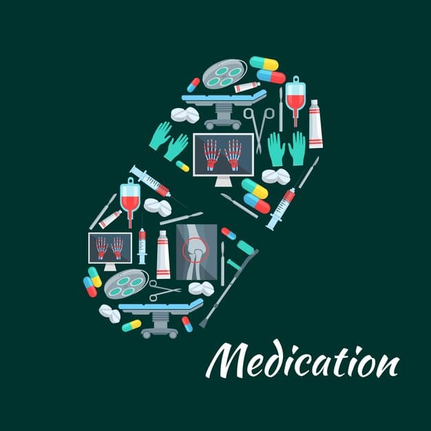 A collage of health-related icons (stethoscope, vaccine, brain, apple, running shoes), radiating outwards from a central human silhouette, symbolizing comprehensive preventative health.