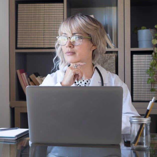 A person sitting at a desk, looking intently at a laptop screen filled with healthcare plan comparison charts and figures, with a calculator and notepad beside them, signifying careful financial planning for health insurance choices.